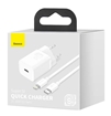 Изображение Сетевое зарядное устройство Baseus Super Si Quick Charger 1C 20W EU Sets with cable Type-C to Lightning 1m White